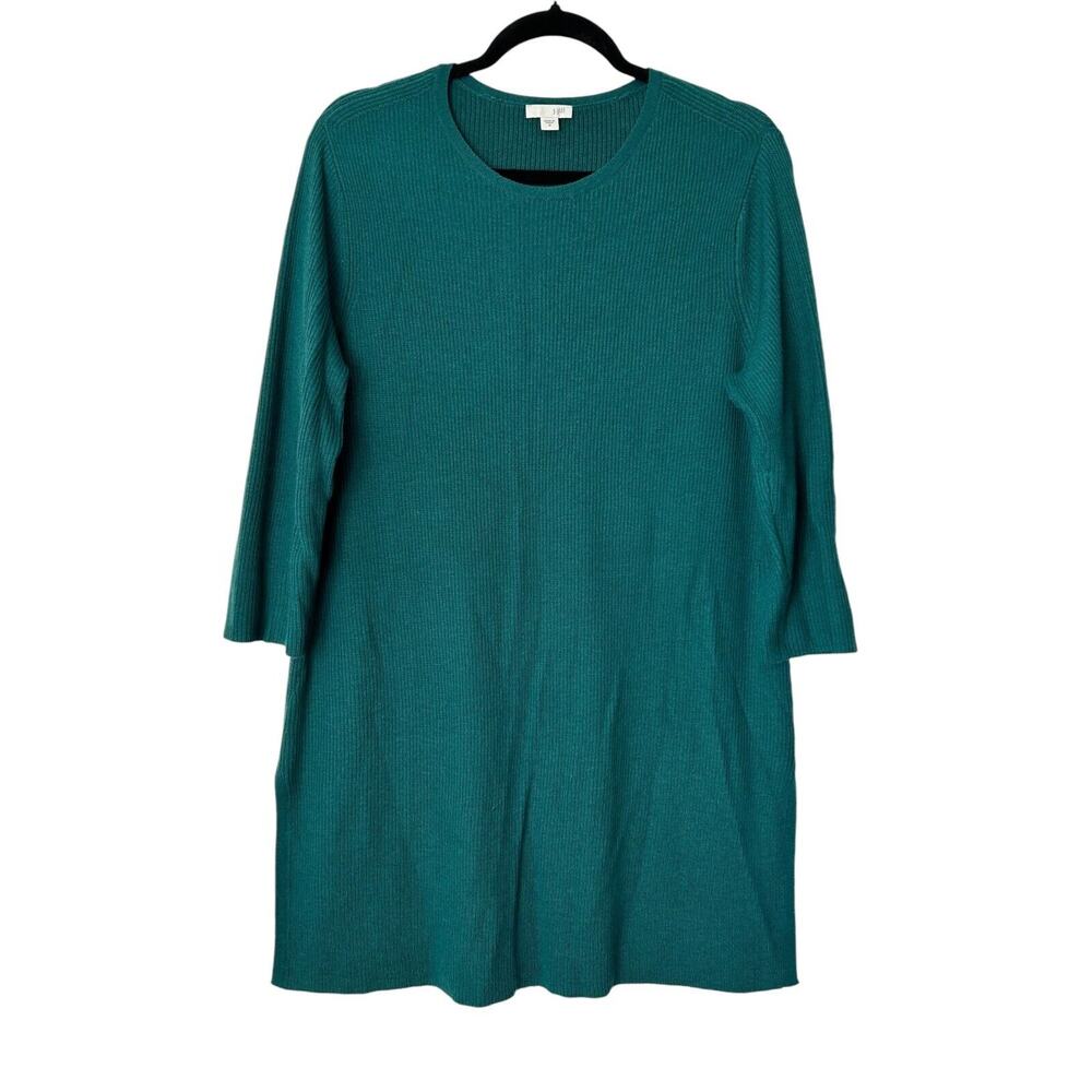 J. Jill Sweater Size M Green Wool Blend Ribbed‎ Knit Crewneck Side Slit Tunic